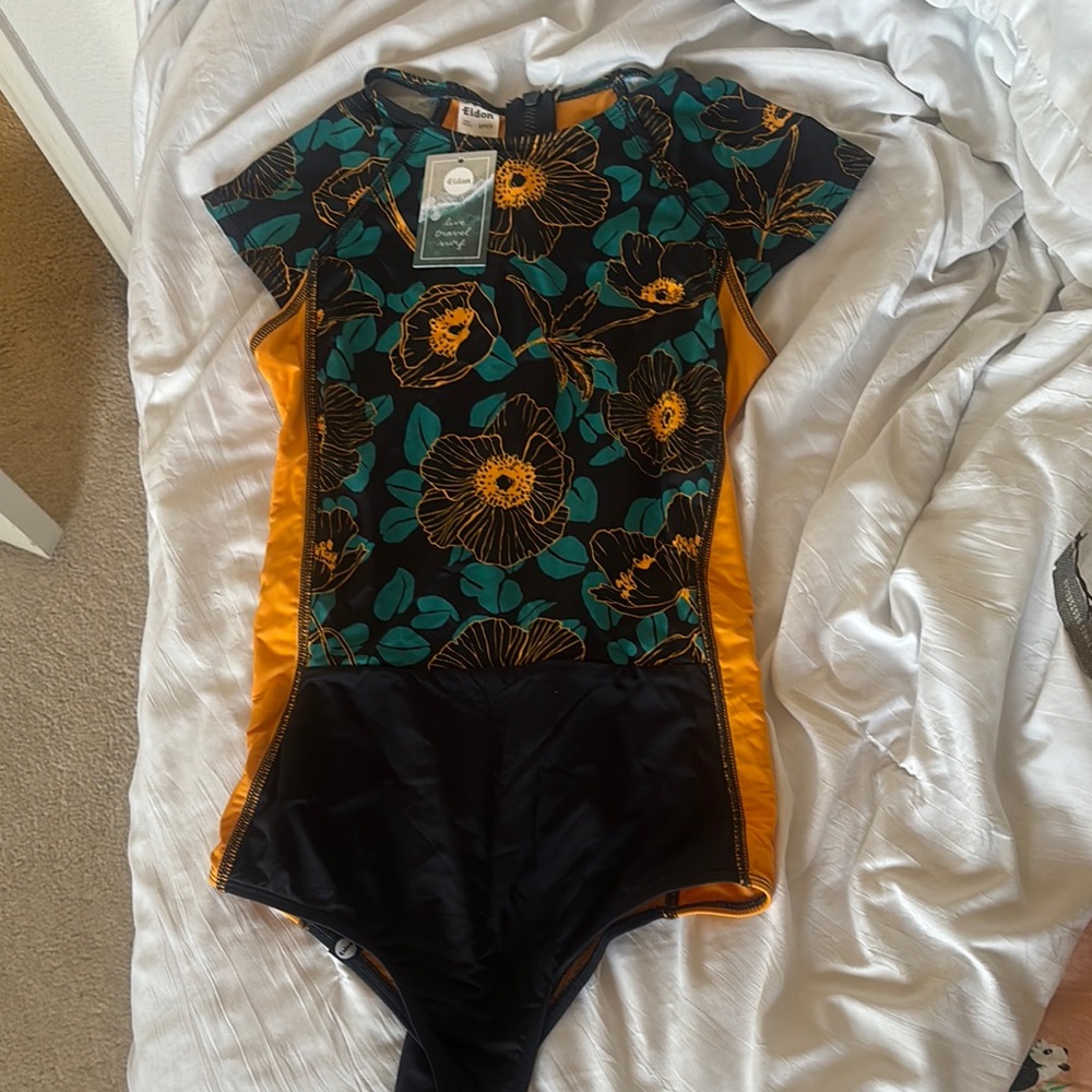 Floral Bodysuit with Orange and Black Accents